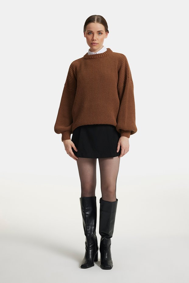 Women's Brown Thessaloniki Knitted Crew Neck Basic Sweater