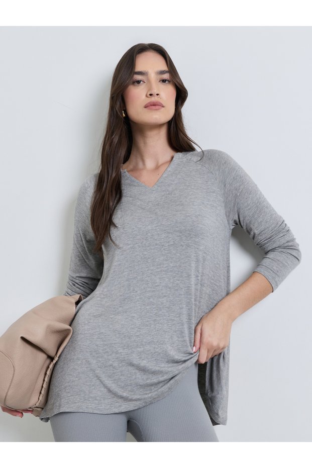 Grey V Neck Long Sleeve Oversized T-Shirt