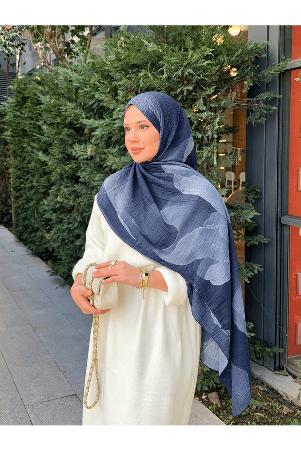 Flower Pattern Muslin Shawl - Navy Blue