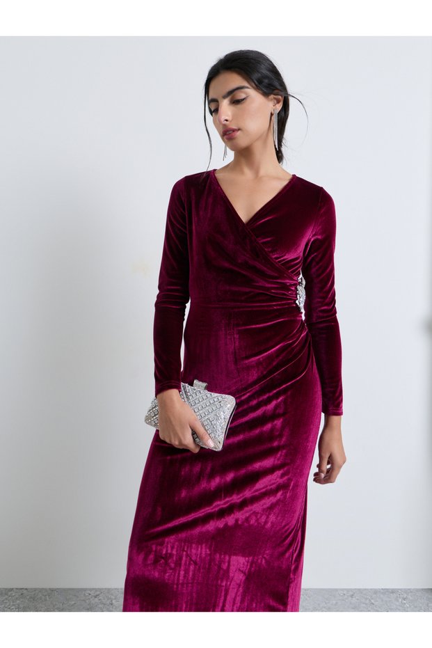 Burgundy Velvet-Look Wrap Maxi Dress with Embellishment