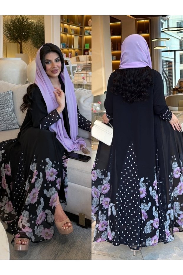 عباءة بتصميم منقط ومرقعة (بدون حجاب)