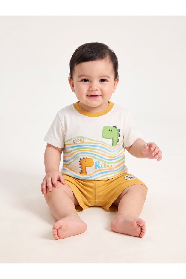 Baby Boy Mustard Dinosaur Print T-Shirt and Shorts Set
