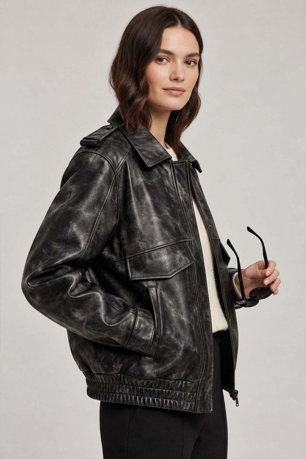 Mina Black Antique Genuine Leather Bomber Women's Coat