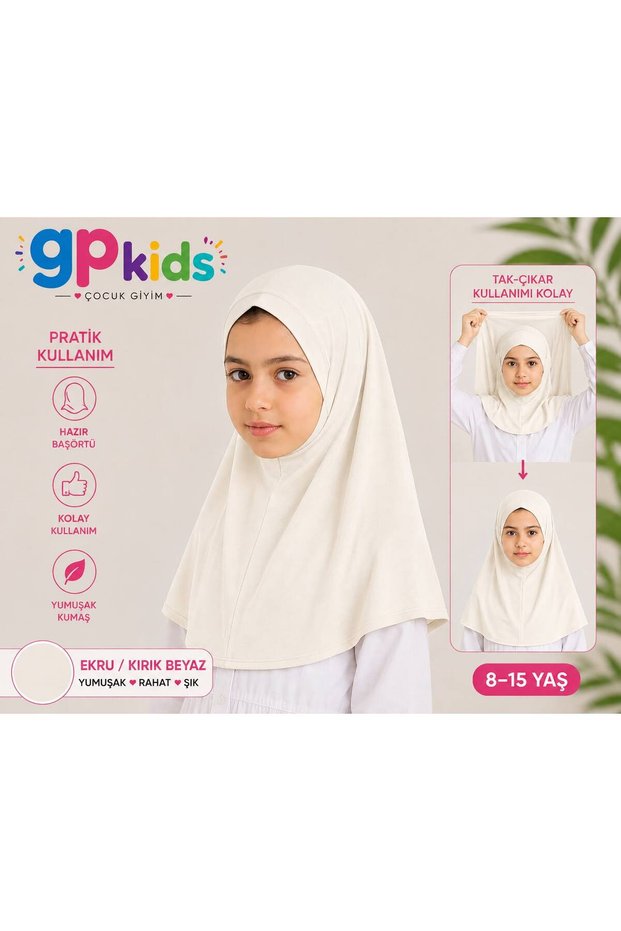 Kids Girls' Practical Headscarf Combed Cotton Ready-To-Wear Scarf Mina Model Ecru Off-White
