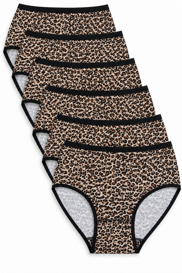 Women's 6-pack leopard print cotton-lycra bikini panties with elastic waistband and bow detail