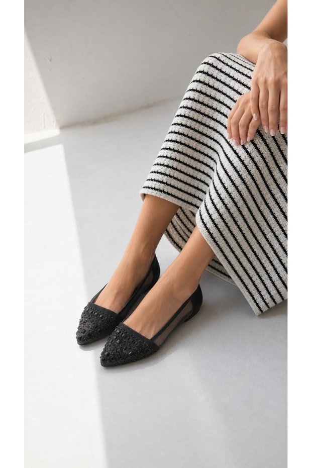 Platinum Square Stone Satin Ballerinas - Black