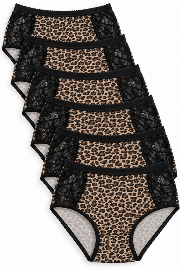 Women's 6-Pack Leopard Pattern Modal Lace Bato Panties, High Waist Panties