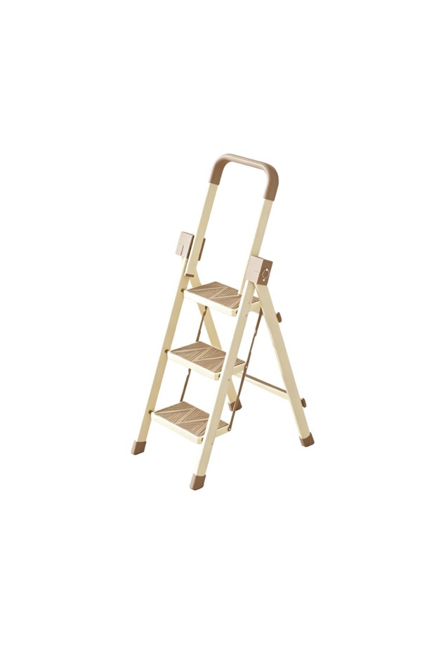 3‑Step Folding Step Ladder, Cream‑Yellow Household Step Stool with Widened Non‑Slip Pedals, Portable Collapsible Safety Ladder for Indoor Home Use