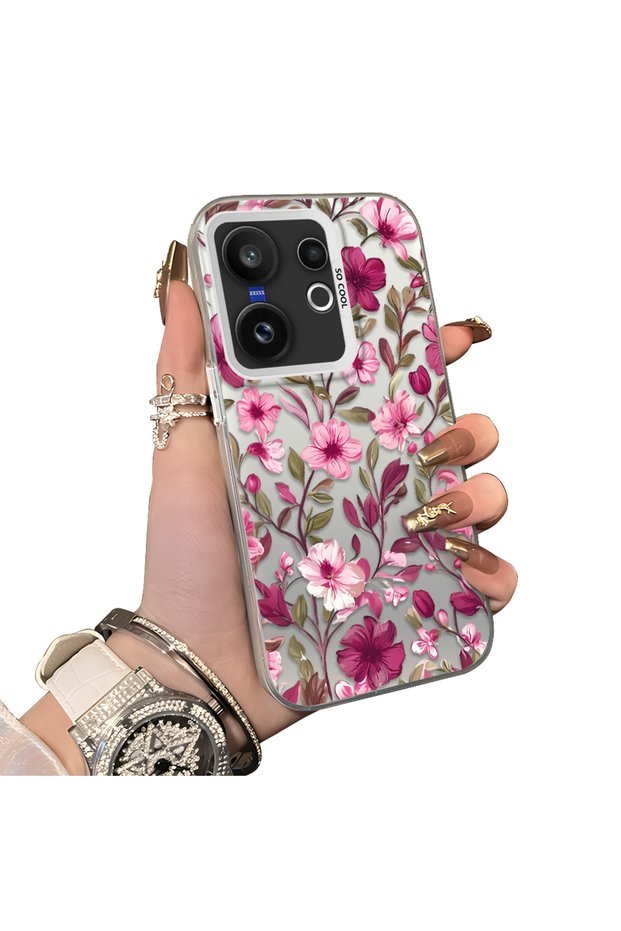 Vivo X200 Fe Compatible Burgundy Pink Floral Pattern Phone Case Shockproof