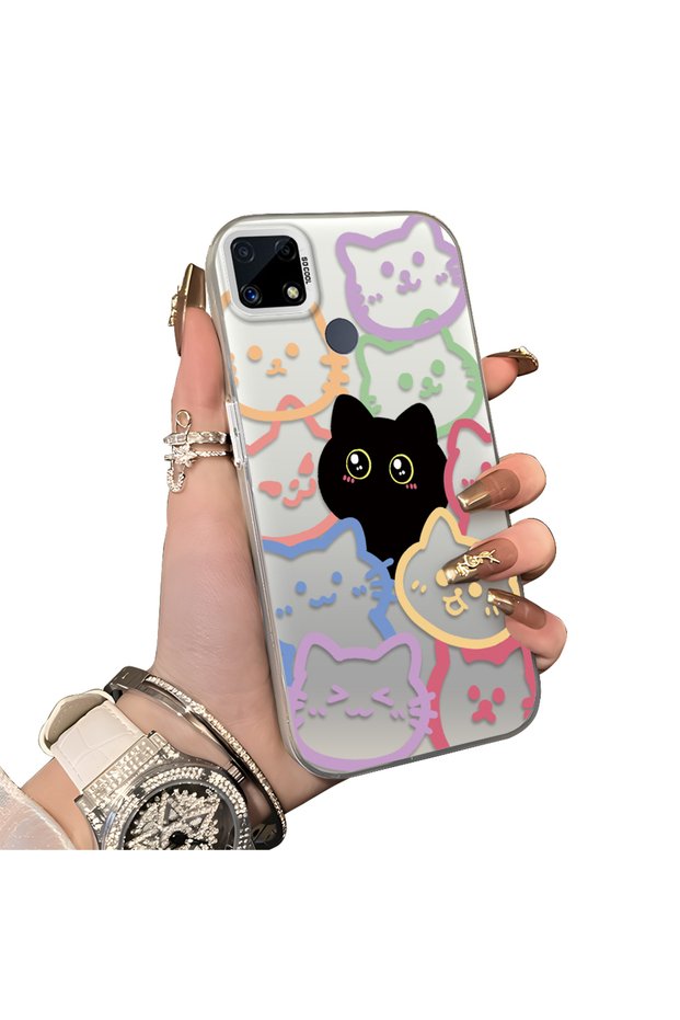Realme C15/C25/C25S Compatible Colorful Line Cat Figure Phone Case Shock-Absorbing Protective Case