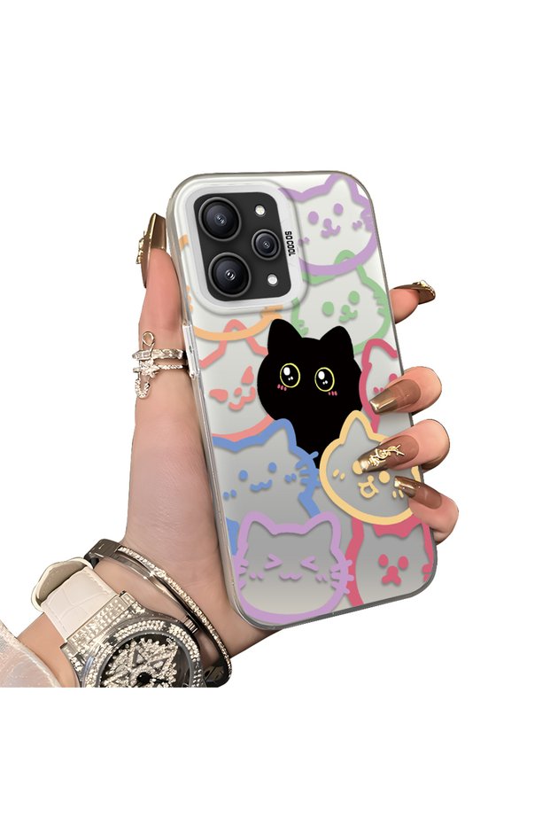 Redmi 12 4G/5G Compatible Colorful Line Cat Figure Phone Case Shock-Absorbing Protective Case