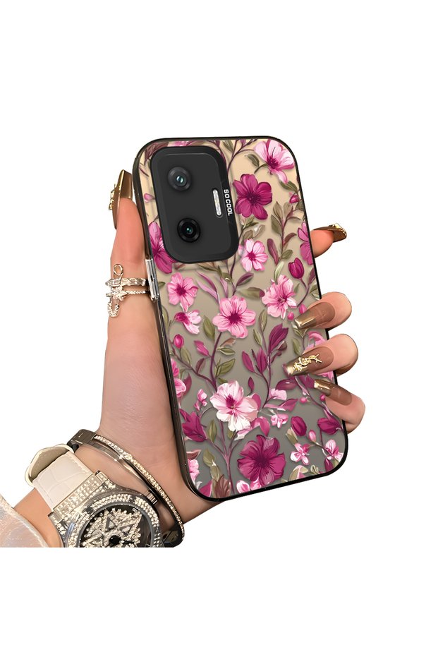 Poco F7 Compatible Burgundy Pink Floral Pattern Phone Case Shockproof