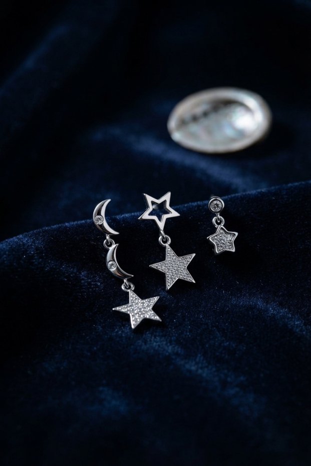 Brass Silver Color Moon and Star Night Model Women's Earring Set