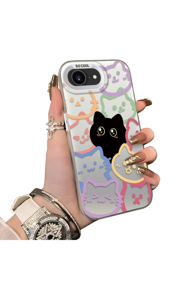 iPhone 17E Compatible Colorful Line Cat Figure Phone Case Shock Absorbing Protective Case