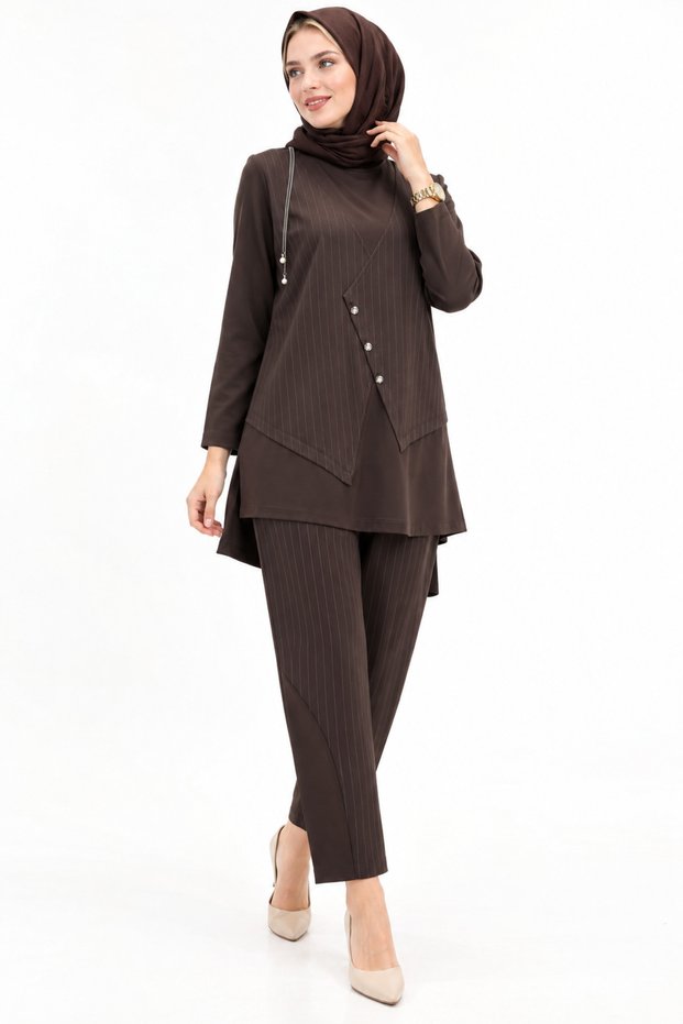 Chain Detailed Vertical Striped Tunic Trouser Set