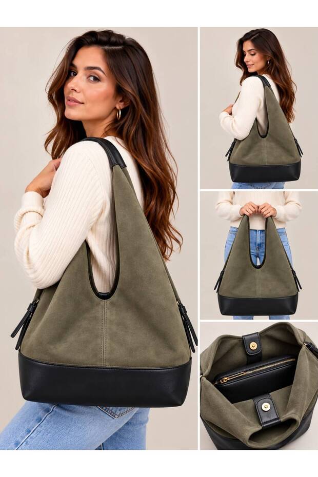 Women's Suede-Look Large Shoulder Bag – Large Internal Volume, Zippered, Stylish Everyday Hobo Bag