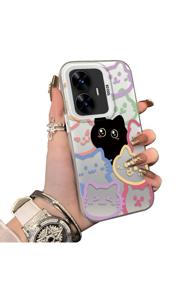 Realme C55 Compatible Colorful Line Cat Figure Phone Case Shock Absorbing Protective Case