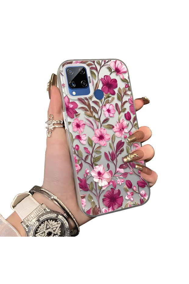 Realme C15/C25/C25S Compatible Burgundy Pink Flower Pattern Phone Case Shockproof