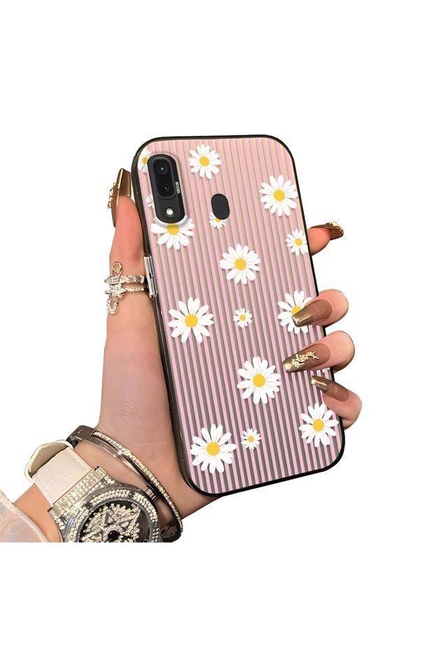 Pink Striped Daisy Phone Case for Samsung Galaxy A30/A20 Compatible Women's Exclusive Shock-Proof Case