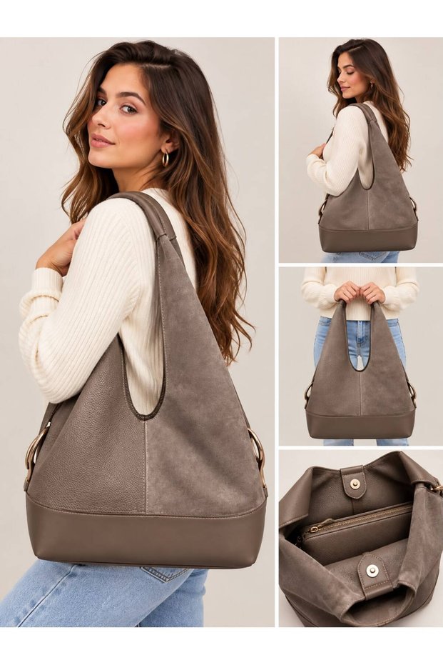 Women's Suede-Look Large Shoulder Bag – Large Internal Volume, Zippered, Stylish Everyday Hobo Bag