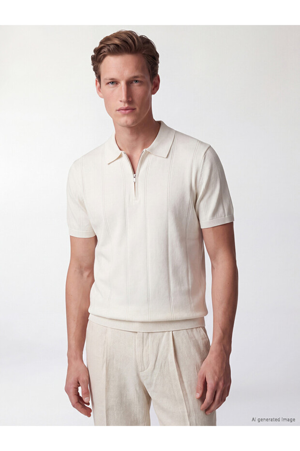 Ozmarka New Season Beige Polo Collar Men's Knitwear Sweater