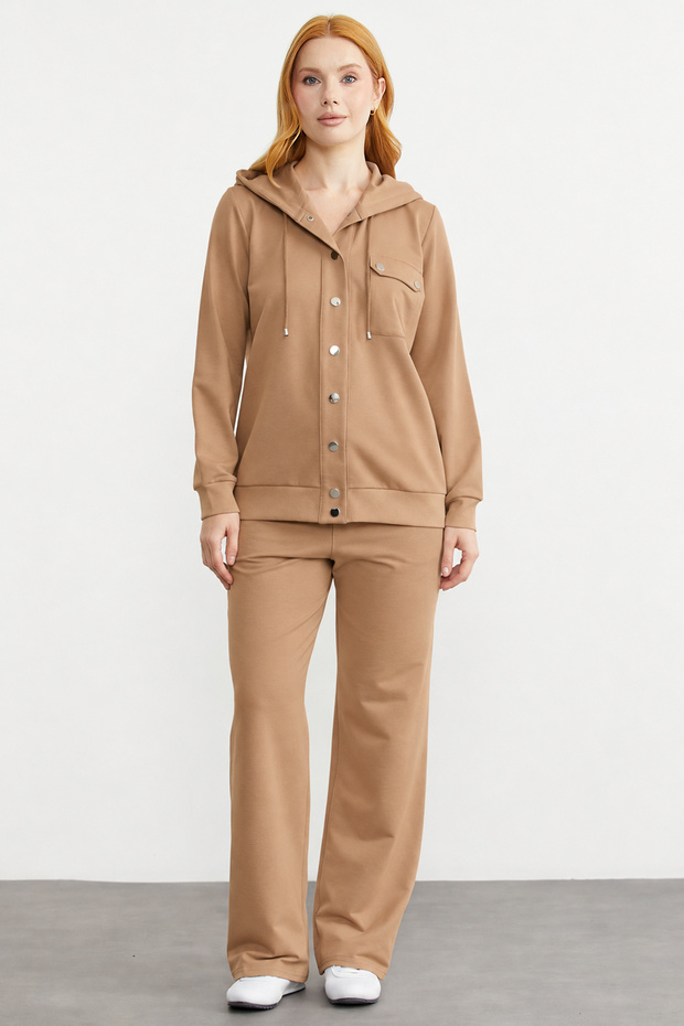 Hooded Snap Closure Tracksuit Set - Camel