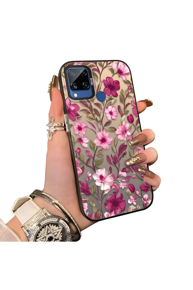 Realme C15/C25/C25S Compatible Burgundy Pink Flower Pattern Phone Case Shockproof