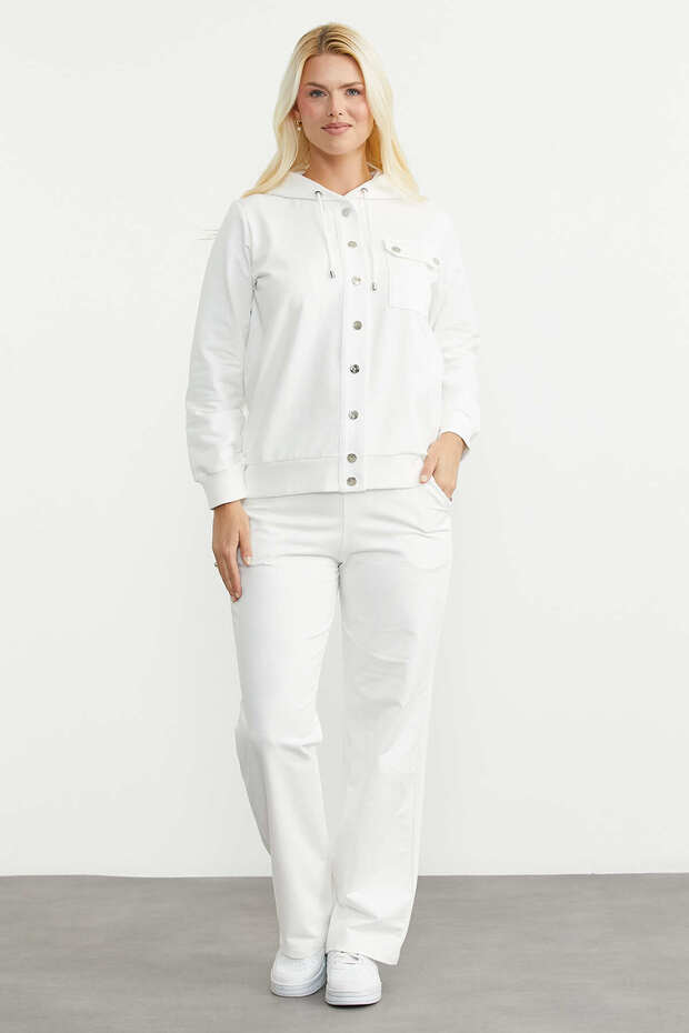 Hooded Snap Closure Tracksuit Set - Ecru