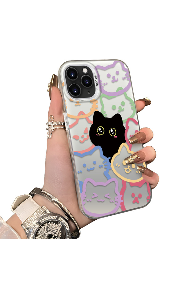 iPhone 11 Pro Compatible Colorful Line Cat Figure Phone Case Shock Absorbing Protective Case