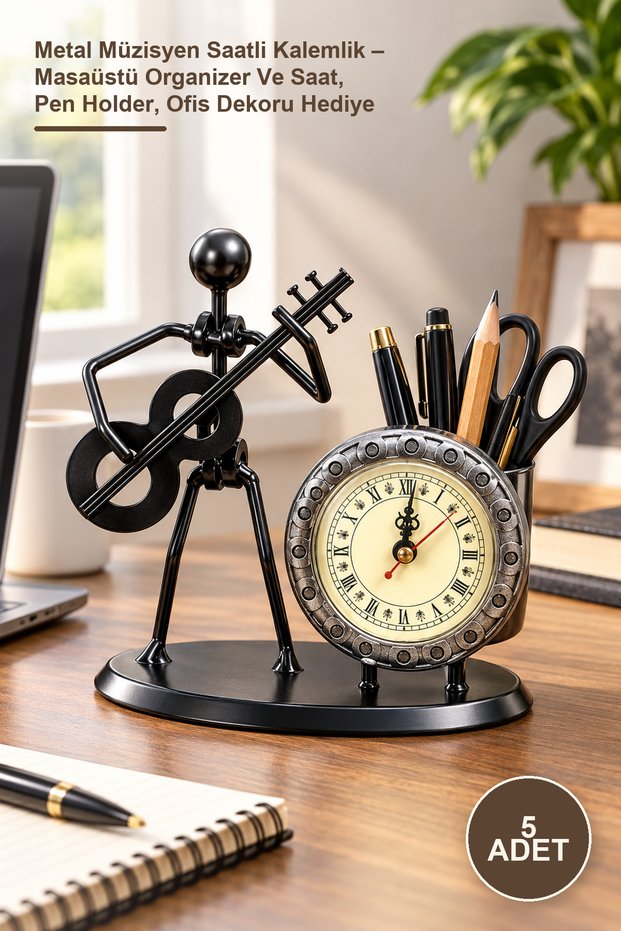 5 Pieces Metal Musician Pen Holder with Clock - Desktop Organizer and Clock, Pen Holder, Office Decor Gift