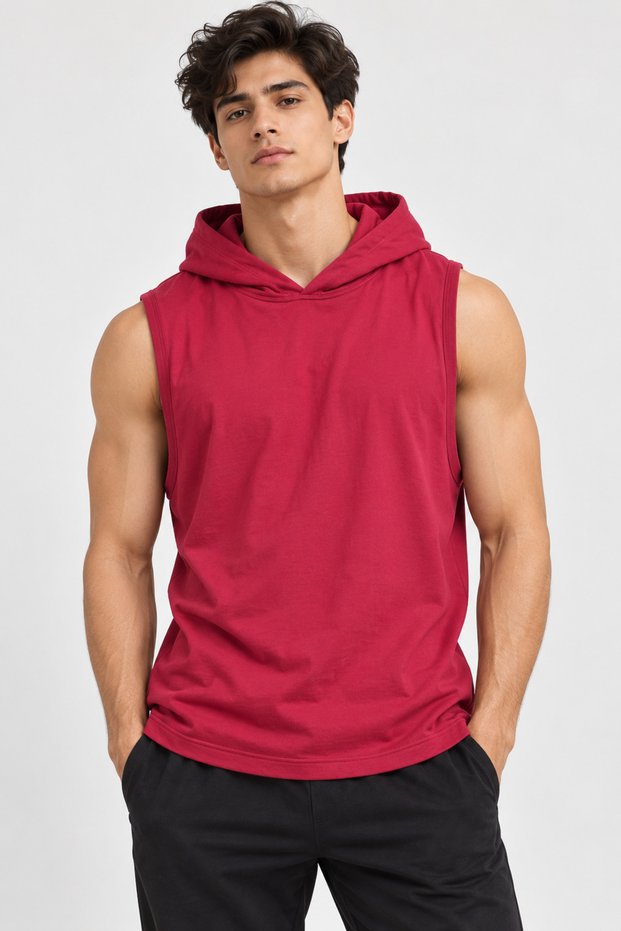 Men's Burgundy Hooded Sleeveless Basic Sweatshirt for Sports and Daily Wear