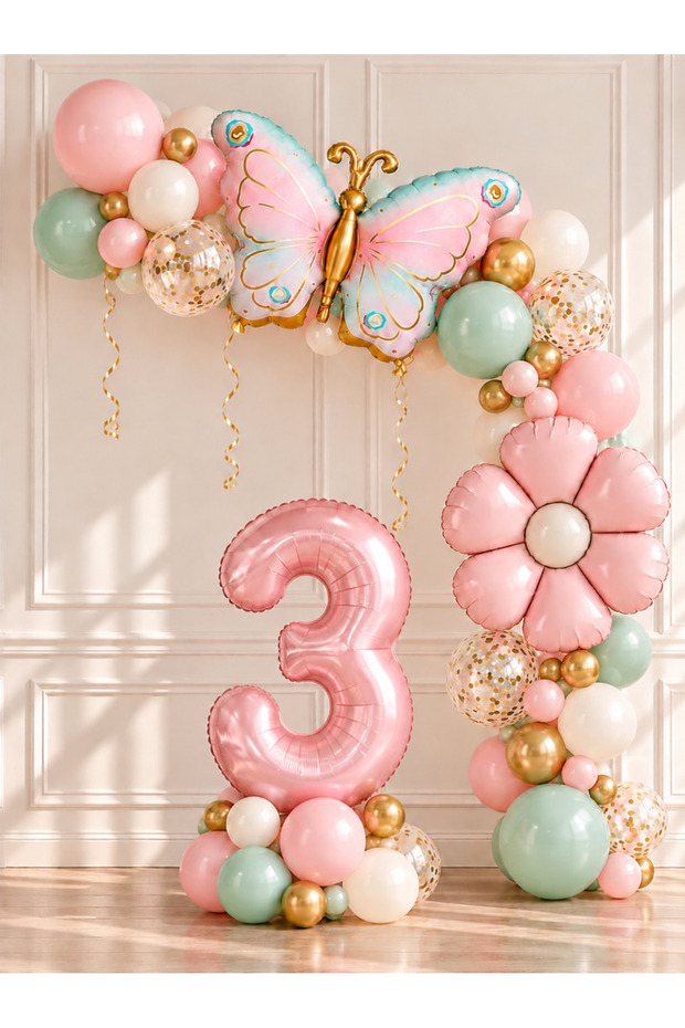 Party 3 Year Old Butterfly and Daisy Themed Birthday Balloon Set, 35 Piece Party Decoration Set with Pink Number Foil Balloons
