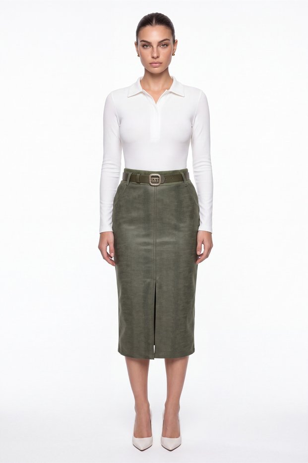 Women's Khaki Winter High-Waisted Belted Faux Leather Skirt with Front Slit and Stone Detail