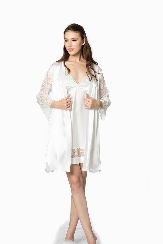 Women's 4040 Velvet Satin Nightgown and Dressing Gown Set Ecru