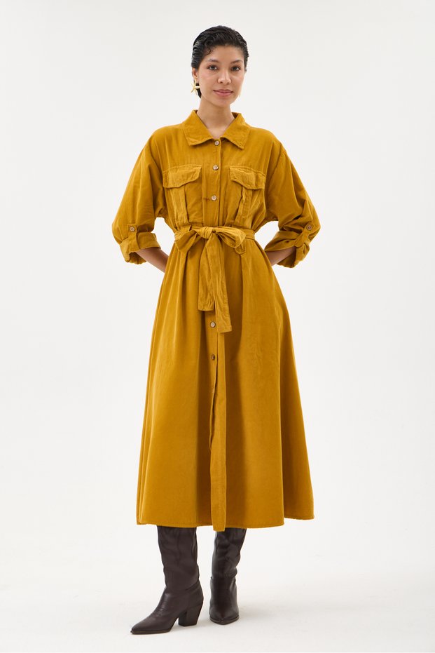 Mustard Italian 100% Cotton Velvet Waist Tie Long Velvet Shirt Dress Size 38 - 42