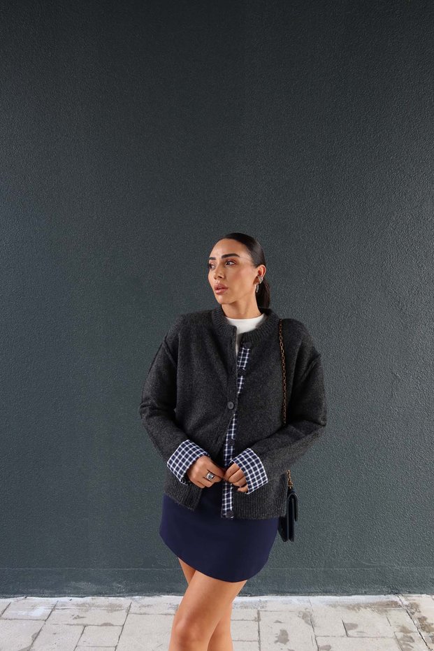 Wool Cardigan with Plaid Sleeves