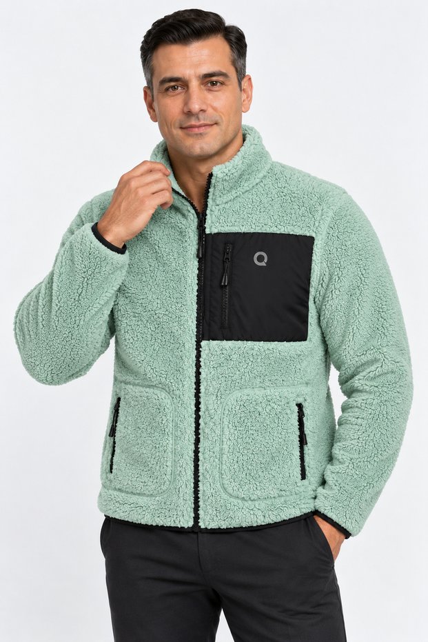 Men's Oversize Welsoft Fabric Fleece Zippered Green Jacket with Pockets