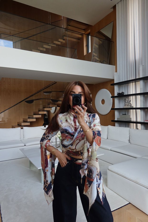 Double-Breasted Self-Tie Patterned Blouse