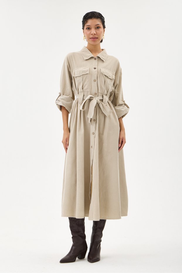 Beige Italian 100% Cotton Velvet Tie-Waist Long Velvet Shirt Dress Size 38 - 42