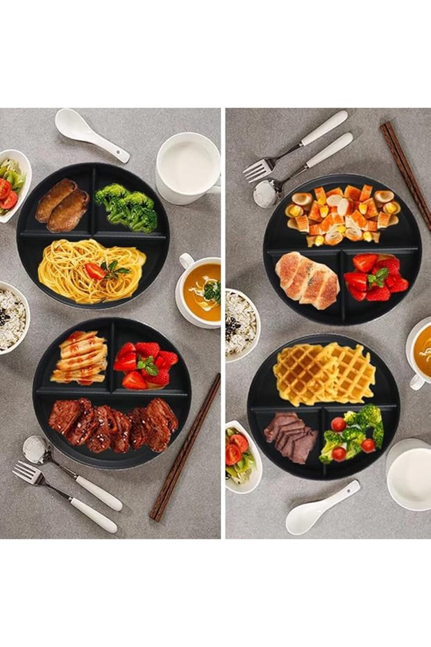 (عبوة من 5 قطع) أطباق للتحكم في الحصص الغذائية لتحقيق تغذية متوازنة، أطباق مقسمة غير قابلة للكسر مقاس 9 بوصات، 3 أقسام