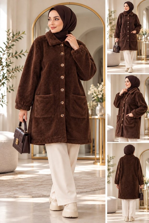 Women's Hijab Cover Pocket Buttoned Plush Cardigan