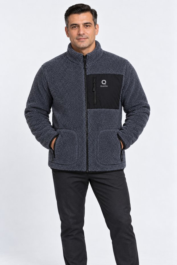 Men's Oversize Welsoft Fabric Fleece Zippered Smoked Jacket with Pockets