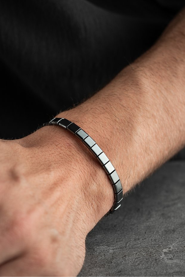 6*6 Shiny Hematite Natural Stone Macrame Men's Bracelet