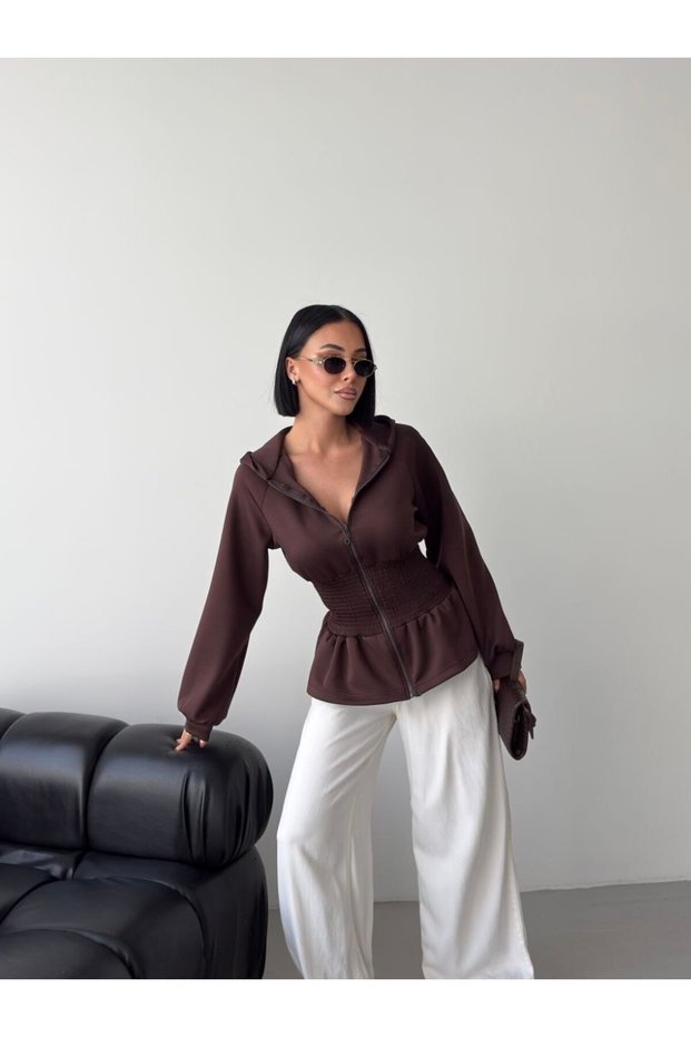 Hooded Zippered Sweatshirt with Corset Waist Detail