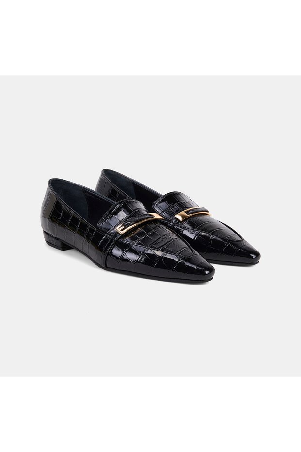 Women's Black Crocodile Printed Pointed Toe Patent Leather Loafer