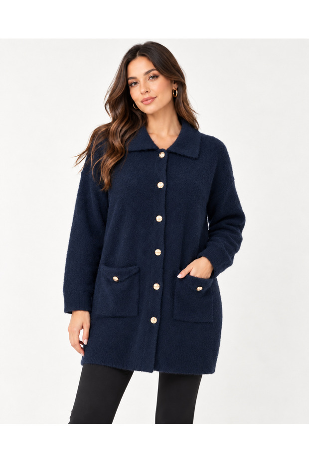 Women's Angora Textured Long Cardigan with Buttoned Pockets