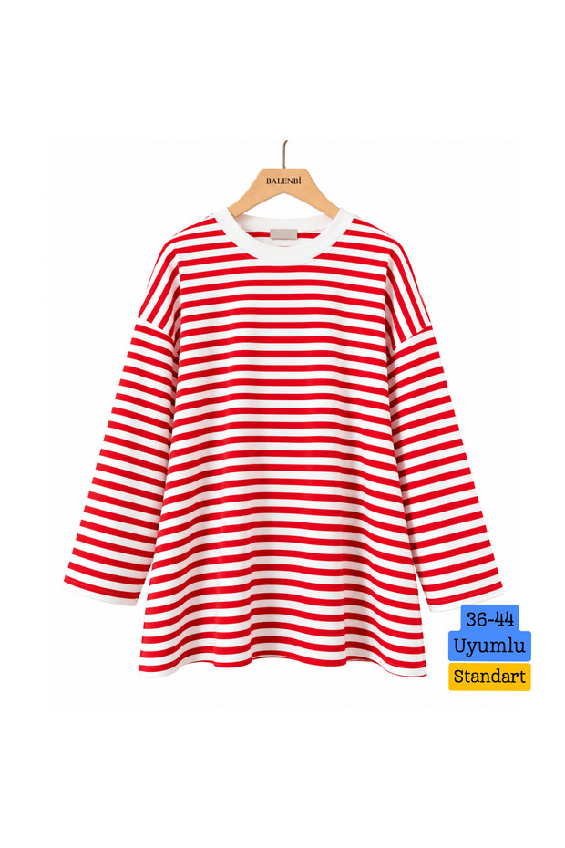 Women's 2 Thread Single Jersey Combed Cotton Fabric Ribbed Crew Neck Striped Tunic 386 Red