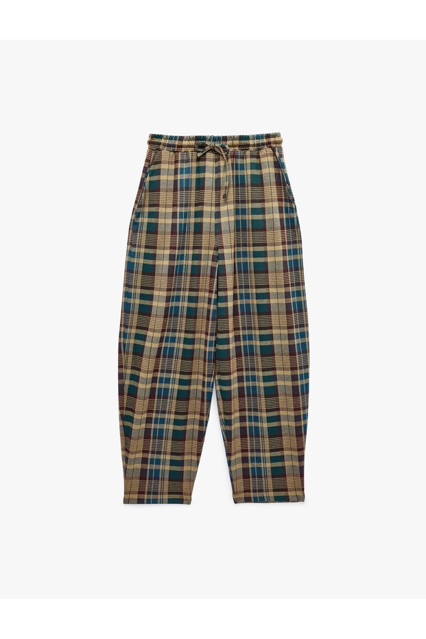 Comfortable Fit Plaid Trousers with Belted Laces and Pockets
