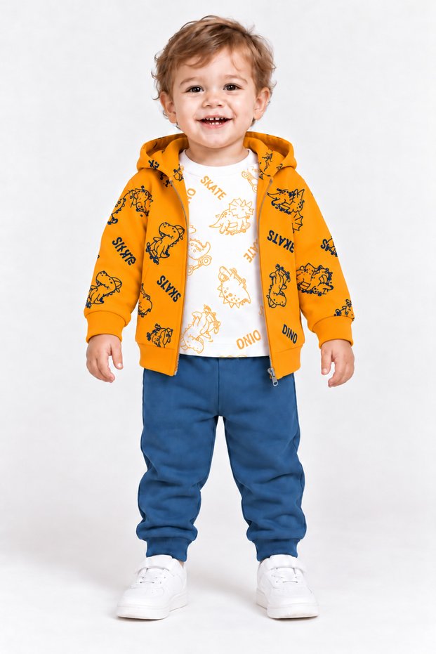 38310-26 Baby Boy Dinosaur Print Hooded Zipper Sweatshirt, Long Sleeve Tee and Jogger Pants 3-Piece Set 9–24 Months