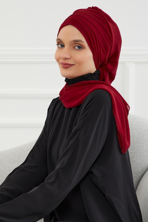 Cross Planting Design Chiffon Ready-To-Wear Turban with Scarf, Ht-48 Burgundy